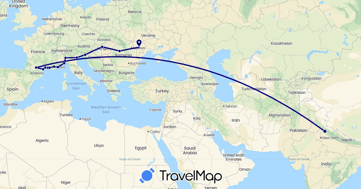 TravelMap itinerary: driving in France, Hungary, India, Italy, Moldova, Romania, Slovenia (Asia, Europe)